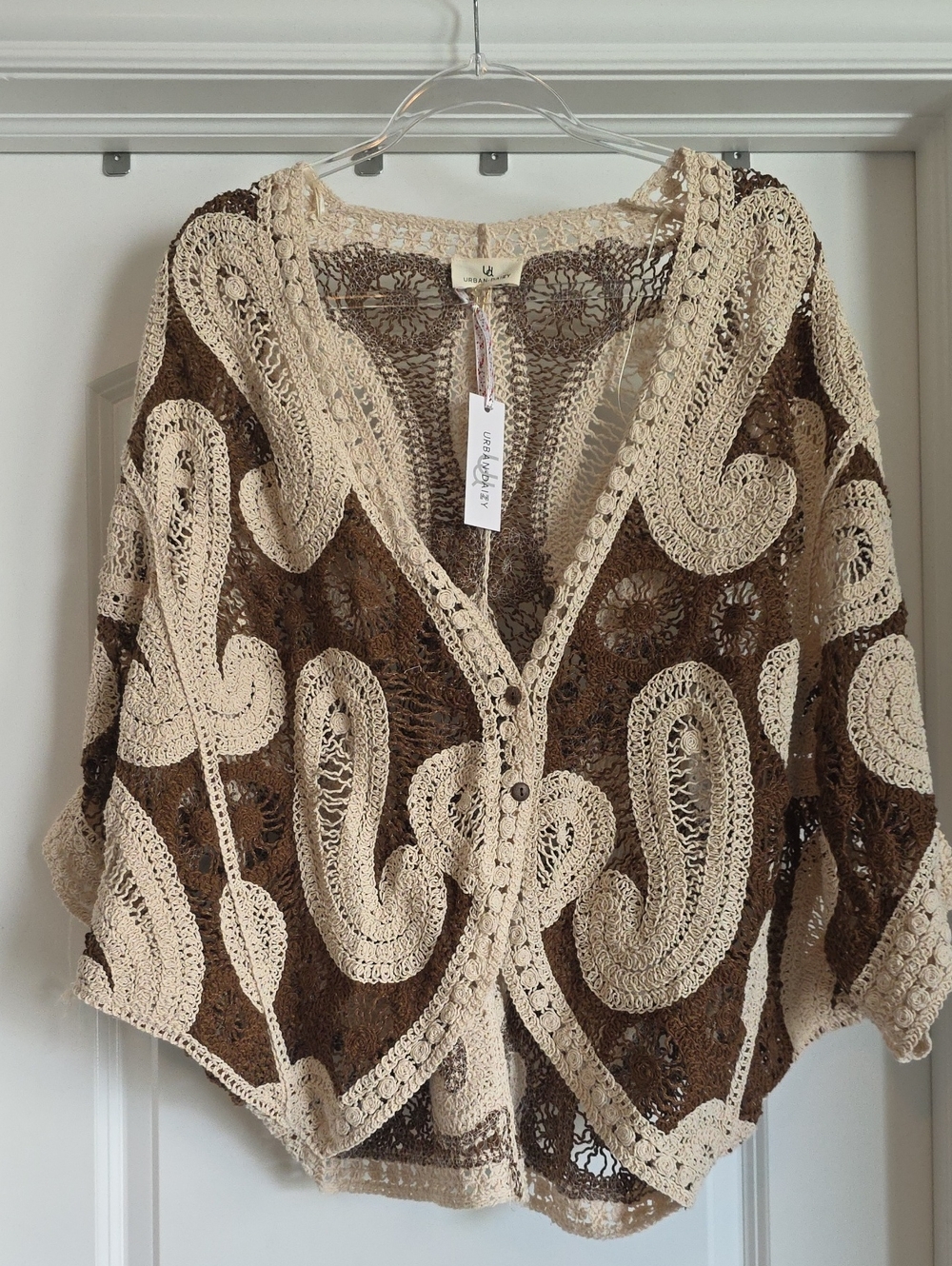 NWT Urban Daizy OS Crochet Butterfly Sleeve Cardigan Chocolate and Cream - Picture 6 of 10